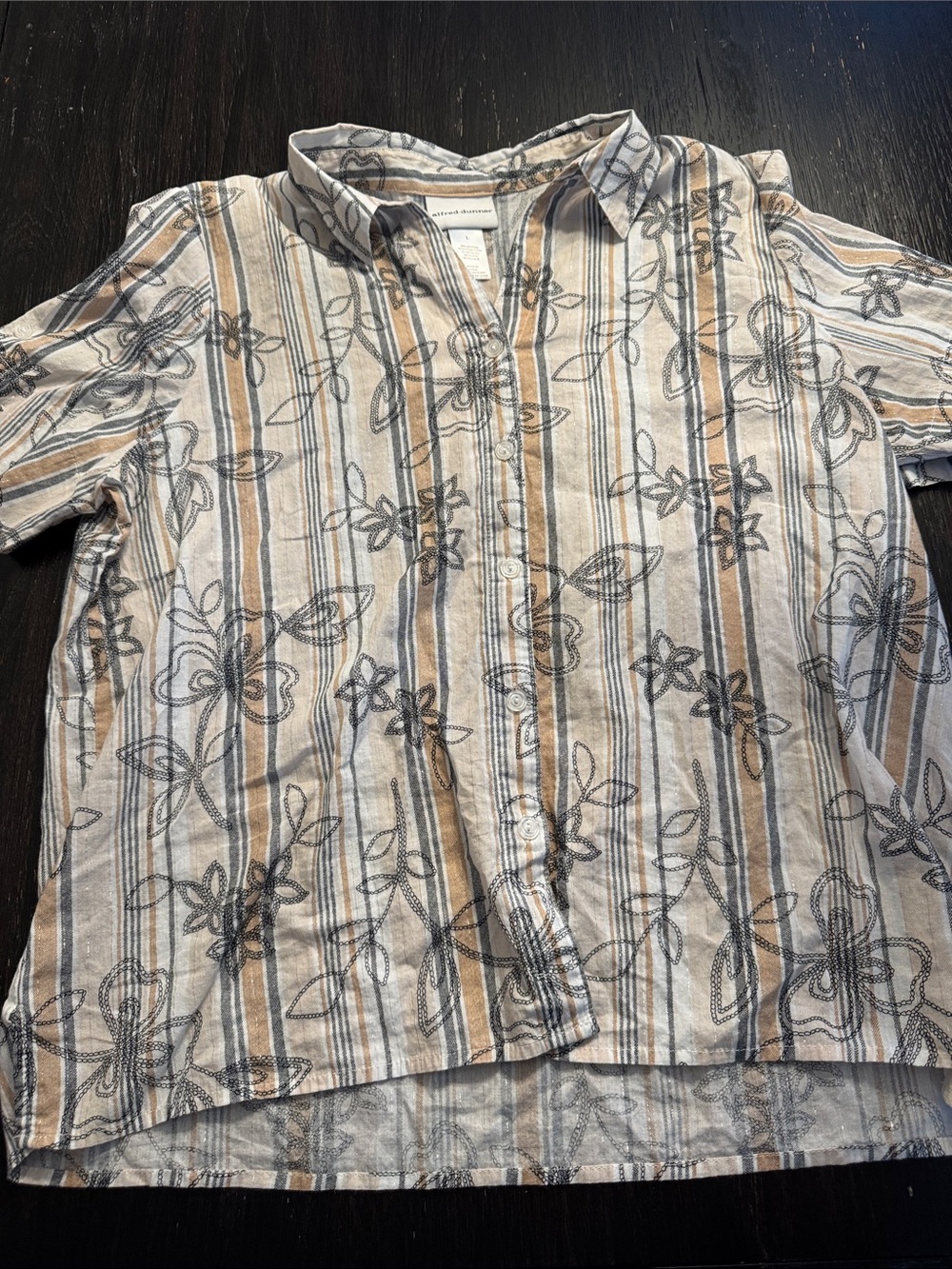 Alfred Dunner Beige and Gray Striped Floral Button-Down Top